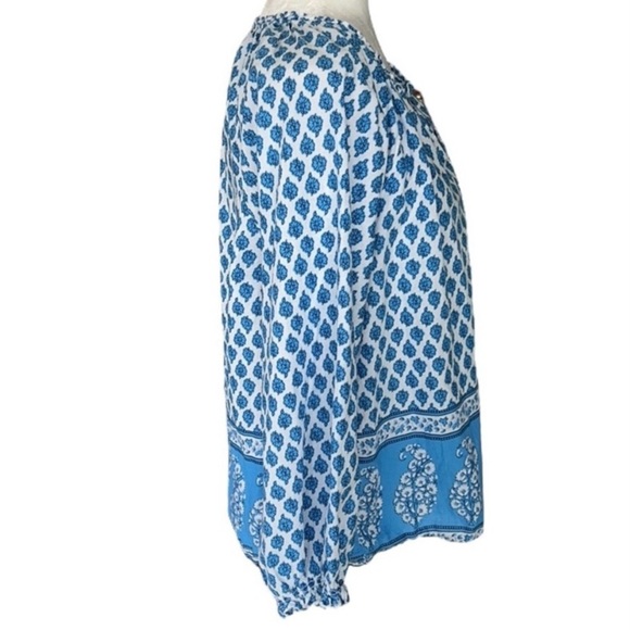 J Crew Blue and White Block Floral Paisley Print Boho Popover Cotton Top - Picture 9 of 12